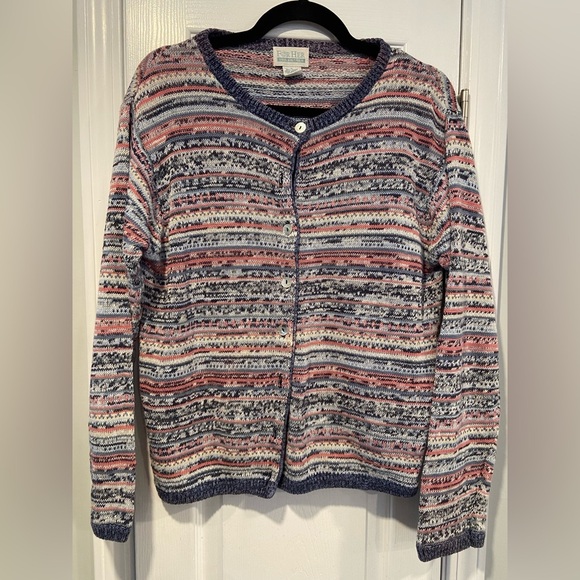 VTG For Her Van Heusen Size L Ramie Cotton Fair Isle Pearl Button Front Cardigan - Picture 1 of 13